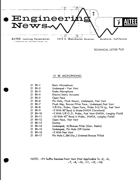ALTEC TL-137 Microphones Engineering News