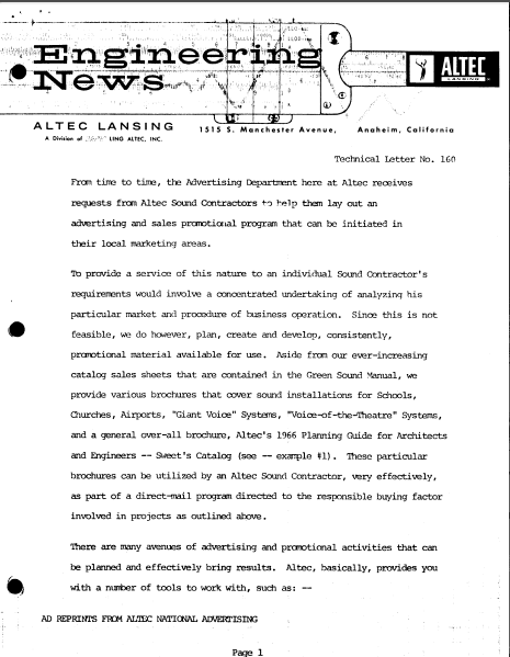 ALTEC LANSING TL-160 Engineering News Instructional Manual