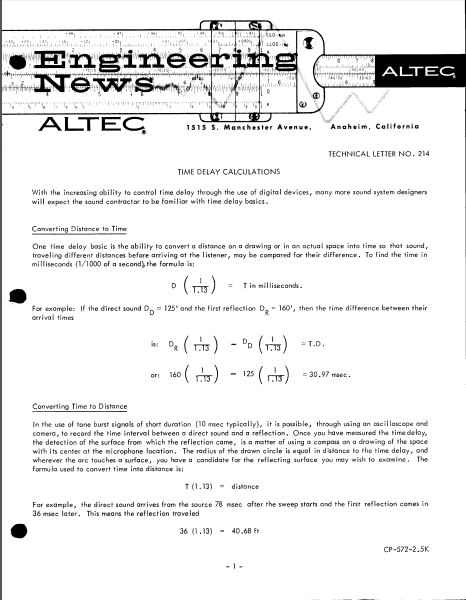 ALTEC LANSING TL-214 Time Delay Calculations Owner's Manual