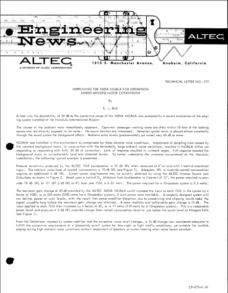 ALTEC LANSING TL-219 Adverse Noise Conditions Owner's Manual
