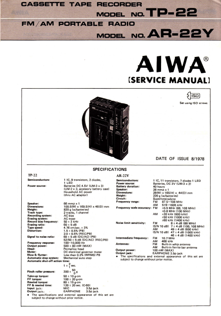 AIWA TP-22 Portable Radio Cassette Recorder Service Manual – Electronic ...