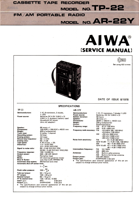 AIWA TP-22 Portable Radio Cassette Recorder Service Manual