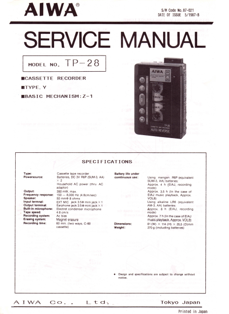 AIWA TP-28 Cassette Recorder Instructions Manual – Electronic Service ...