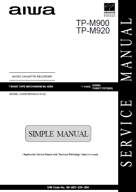AIWA TP M900-M920 Simple Micro Cassette Recorder Instructions Manual