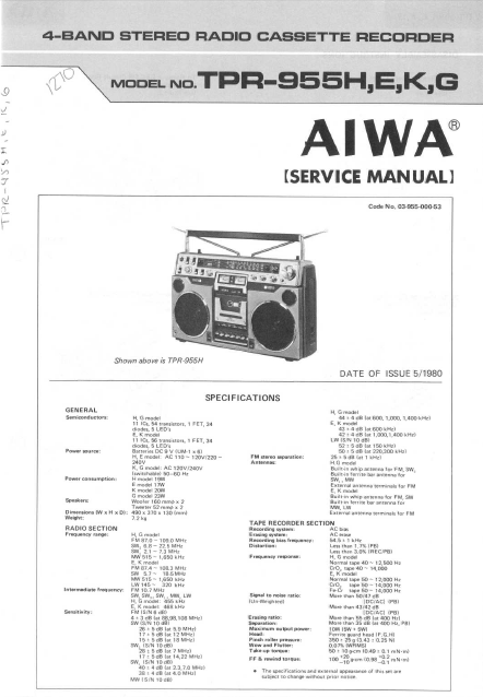 AIWA TPR-955H Revision Cassette Recorder Instructions Manual