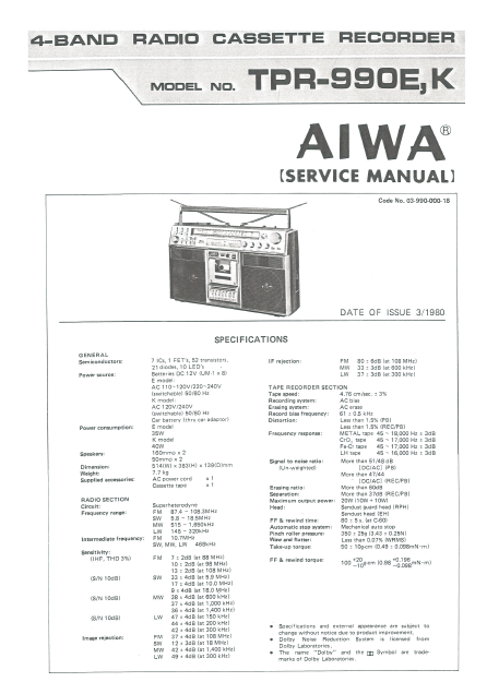 AIWA TPR-990E,K Radio Cassette Recorder Service Manual