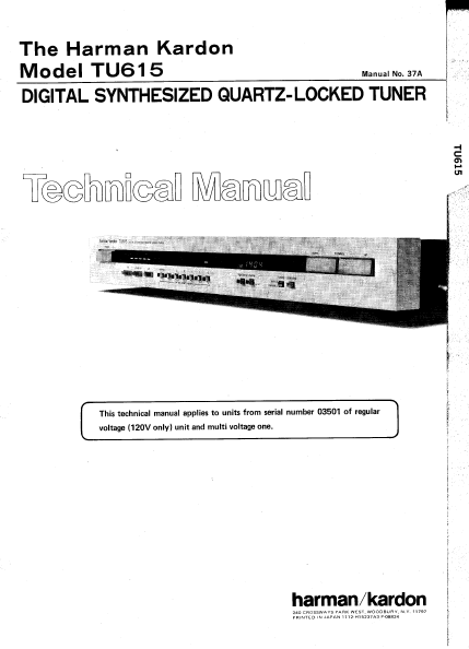 Harman Kardon TU615 Digital Synthesized Tuner Technical Manual