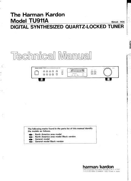 Harman Kardon TU911A Digital Synthesized Tuner Technical Manual