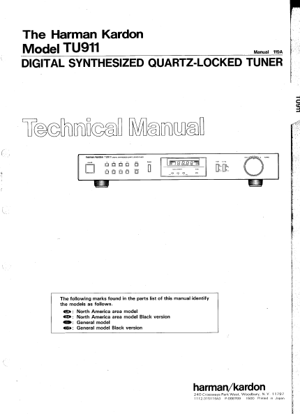 Harman Kardon TU911 Digital Synthesized Tuner Technical Manual
