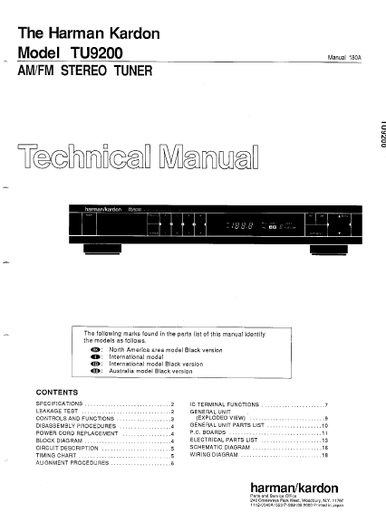 Harman Kardon TU9200 Stereo Tuner Technical Manual