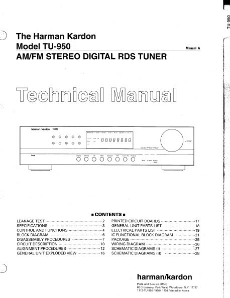 Harman Kardon TU-950 Stereo Digital RDS Tuner Technical Manual