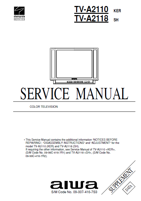 AIWA TV A2110-A2118 Color Television Supplement Service Manual