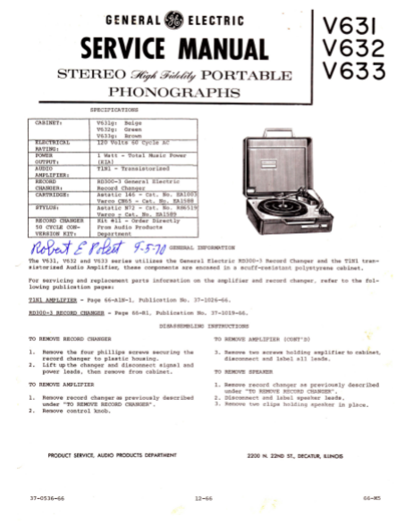 GE Stereo Portable Phonographs V 631-632-633 Service Manual