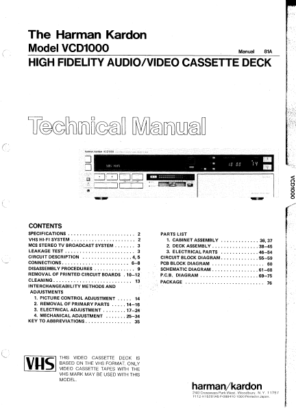 Harman Kardon VCD1000 Cassette Deck Technical Manual