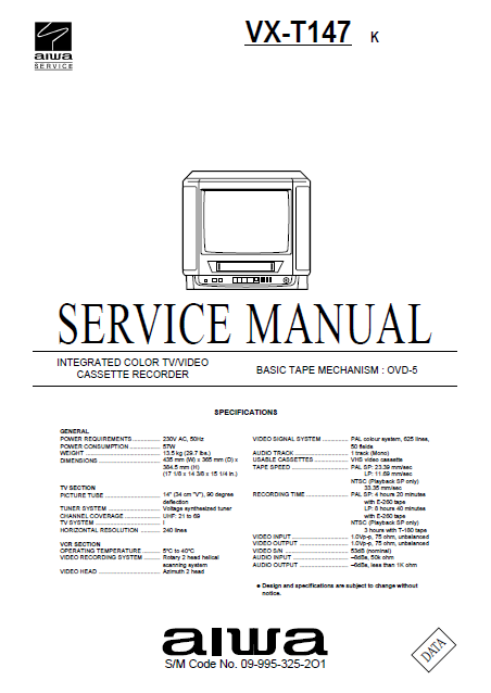 AIWA VX-T147 K Integ Color TV Video Recorder Service Manual.