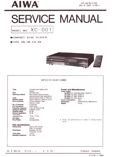 AIWA XC-001 Compact Disc Player Service Manual