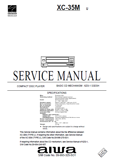 AIWA XC-35M Compact Disc Service Manual