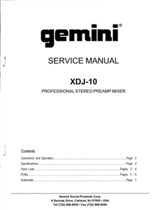 GEMINI Model XDJ-10 Professional Stereo Preamp Mixer Service Manual
