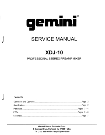 GEMINI Model XDJ-10 Professional Stereo Preamp Mixer Service Manual