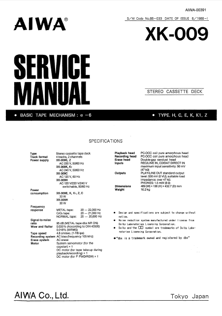 AIWA XK-009 Stereo Cassette Deck Service Manual