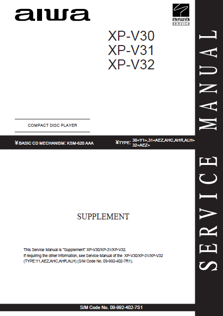 AIWA XP-V30-V31-V32 CD Player Supplement Manual