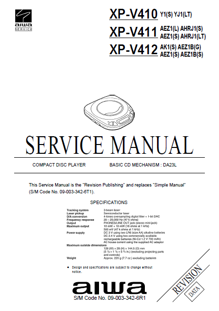 AIWA XP-V410 CD Player Revision Service Manual
