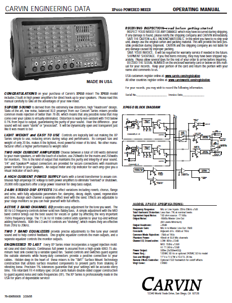 CARVIN XP650 Powered Mixer Operating Manual