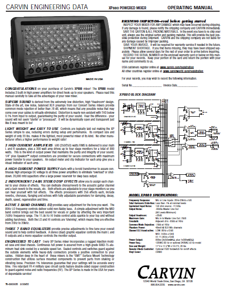 CARVIN XP880 Powered Mixer Operating Manual