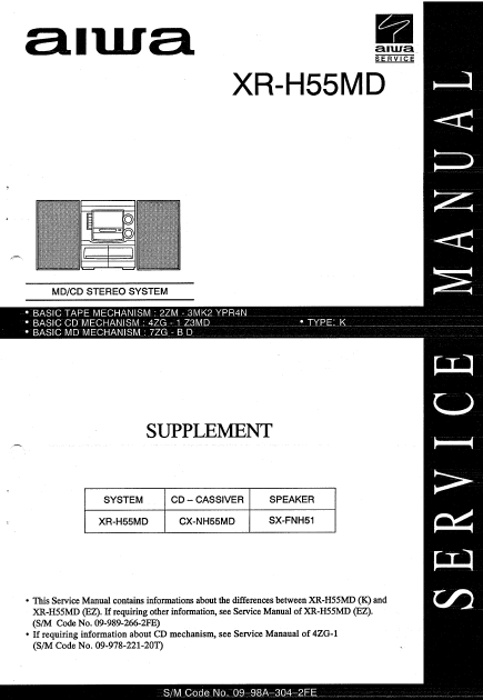AIWA XR-H55MD Supplement MD-CD Stereo System Service Manual