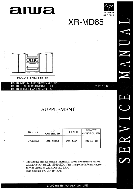 AIWA XR-MD85 CD Stereo System Supplement Schematics