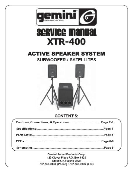 GEMINI Model XTR 400 Active Speaker System Service Manual