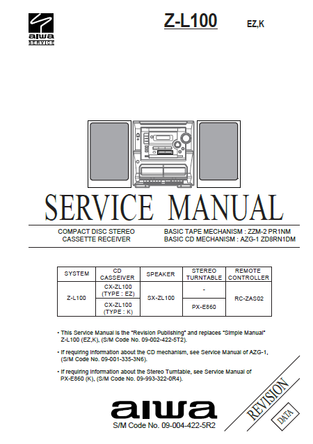 AIWA Z-L100  Revision CD Stereo Cassette Receiver Service Manual