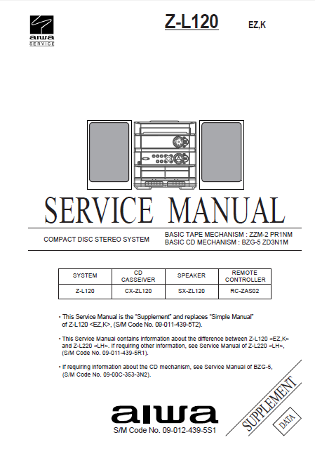 AIWA Z-L120 Supplement CD Stereo System Service Manual