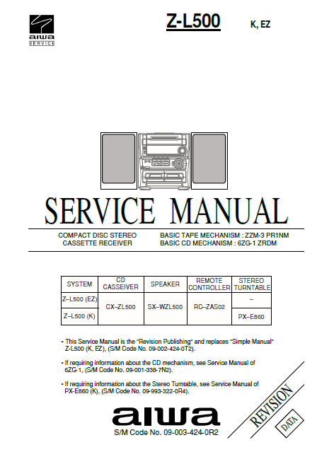 AIWA Z-L500 Revision CD Stereo Cassette Receiver Service Manual