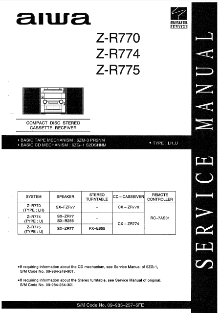 AIWA Z-R770 CD Stereo Cassette Receiver Service Manual
