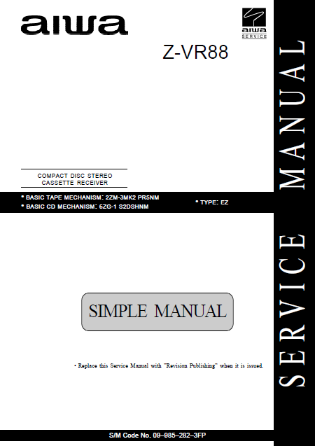 AIWA Z-VR88 EZ Simple CD Stereo Cassette Receiver Service Manual