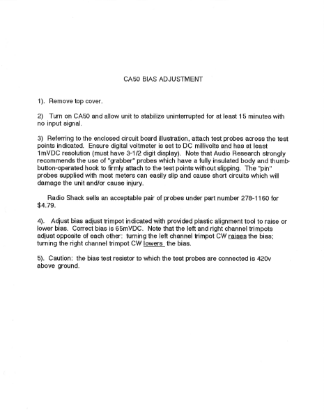 AUDIO RESEARCH CA50 Bias Adjustment