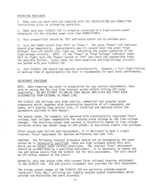 AUDIO RESEARCH CL120 Bias Adjustment Instruction Manual