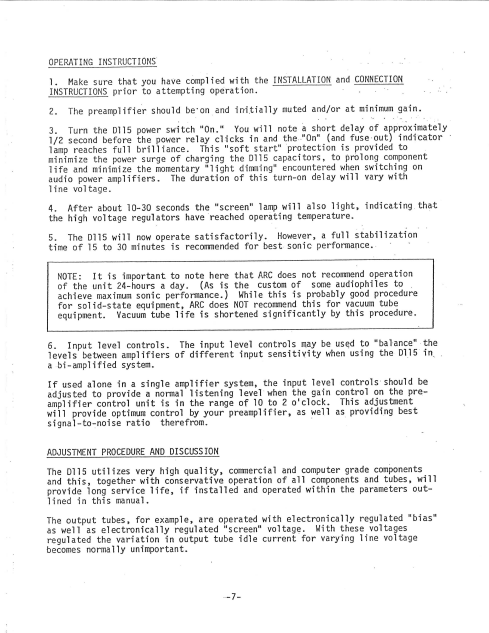 AUDIO RESEARCH D115 Bias Adjustment Instruction Manual
