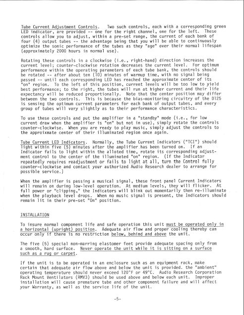 AUDIO RESEARCH D125 Bias Adjustment Instruction Manual