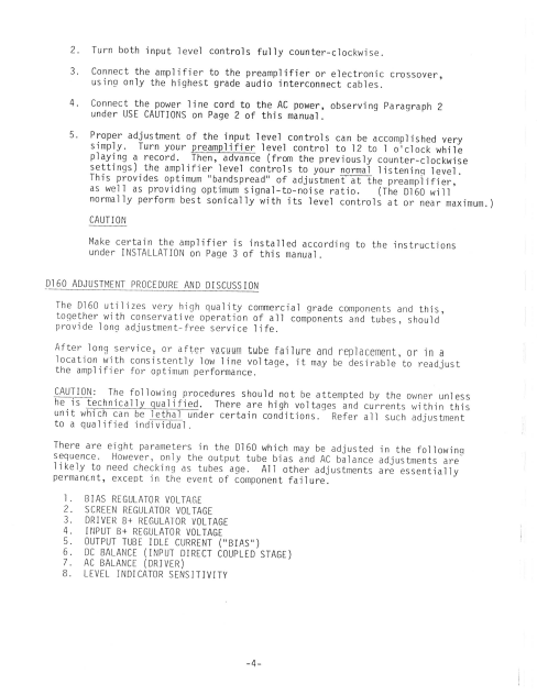 AUDIO RESEARCH D160 Bias Adjustment Instruction Manual