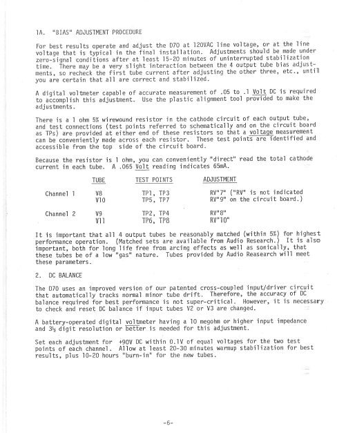 AUDIO RESEARCH D70 Bias Adjustment Instruction Manual