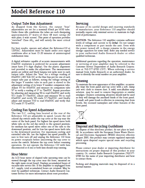 AUDIO RESEARCH Model reference 110
