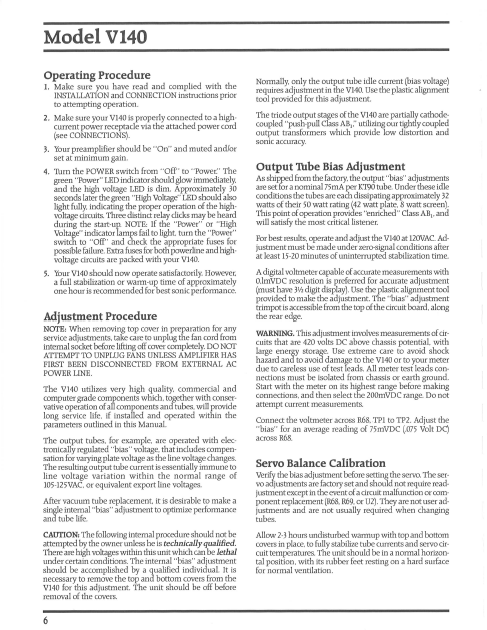 AUDIO RESEARCH V140 Bias Adjustment Instruction Manual