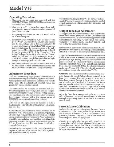 AUDIO RESEARCH V35 Bias Adjustment Instruction Manual