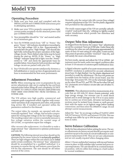 AUDIO RESEARCH V70 Bias Adjustment Instruction Manual