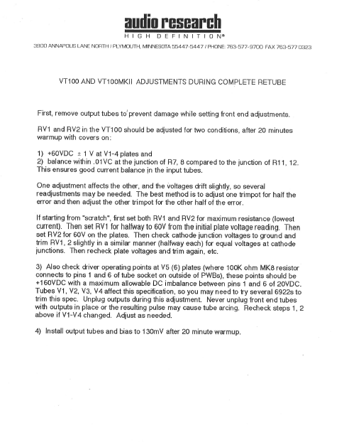 AUDIO RESEARCH VT100 MKIII Bias Adjustment and Schematics