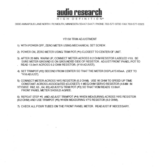 AUDIO RESEARCH VT150 Trim Adjustment
