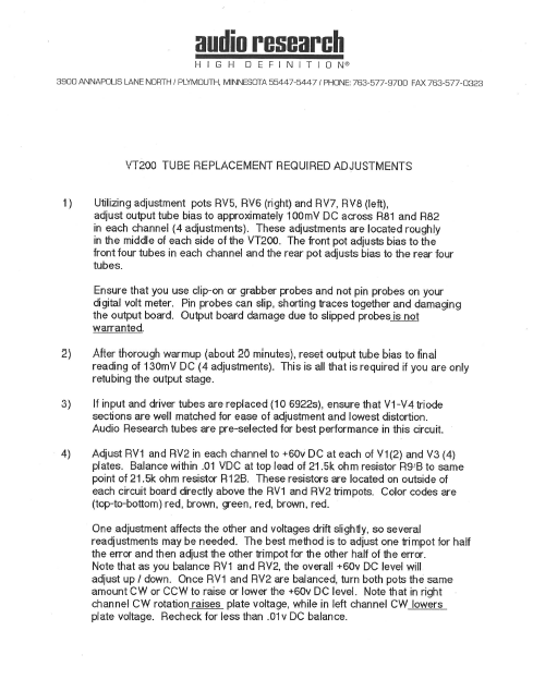 AUDIO RESEARCH VT200 Tube Replacement Required Adjustments