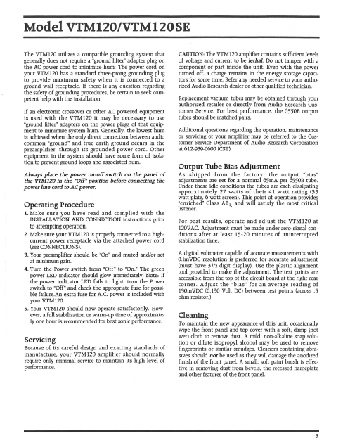 AUDIO RESEARCH VTM120-VTM120SE Bias Adjustment